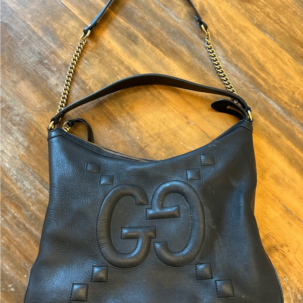 Gucci Black Apollo Hobo GG Embossed Calfskin Large.